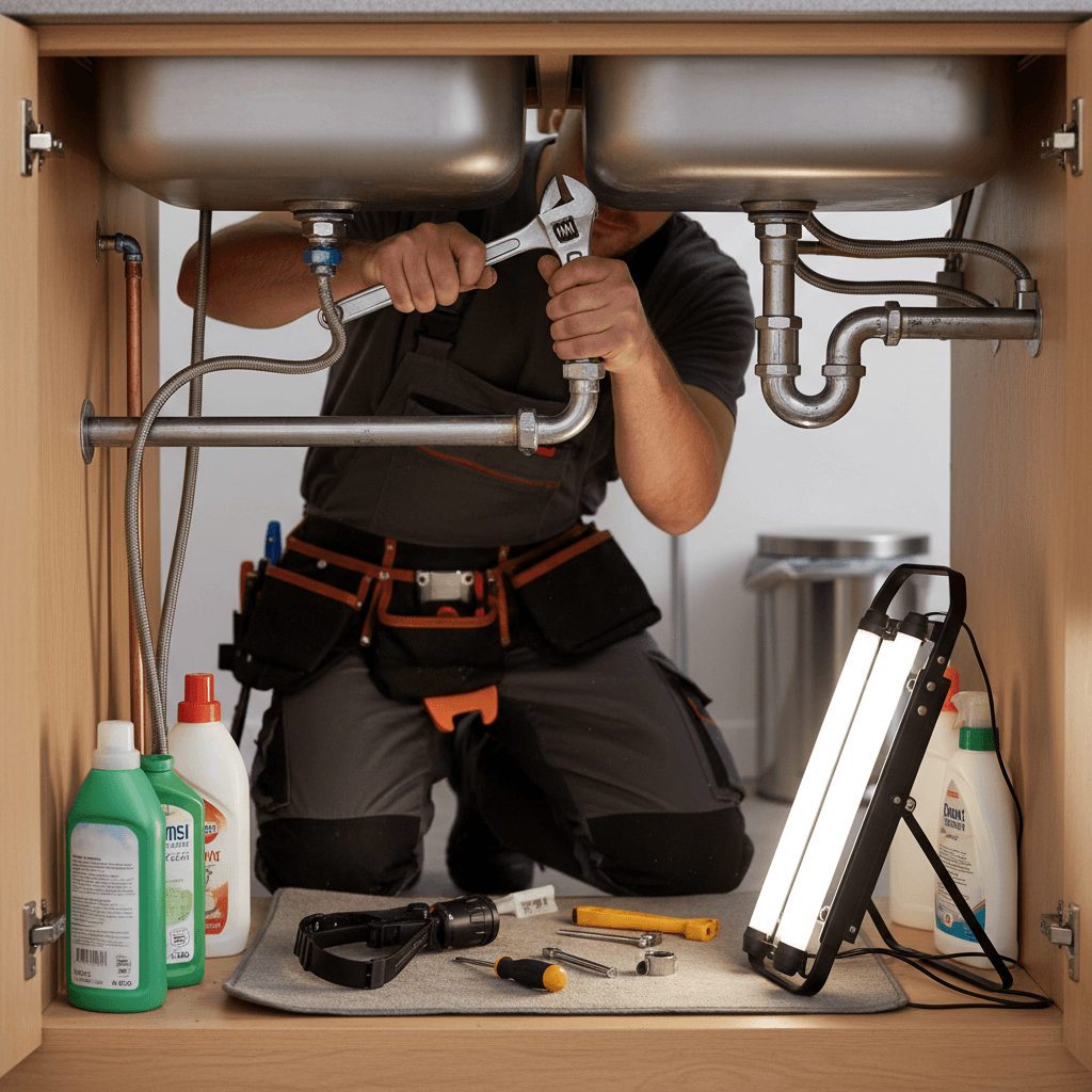 Handyman fixing a leaky faucet under a kitchen sink
