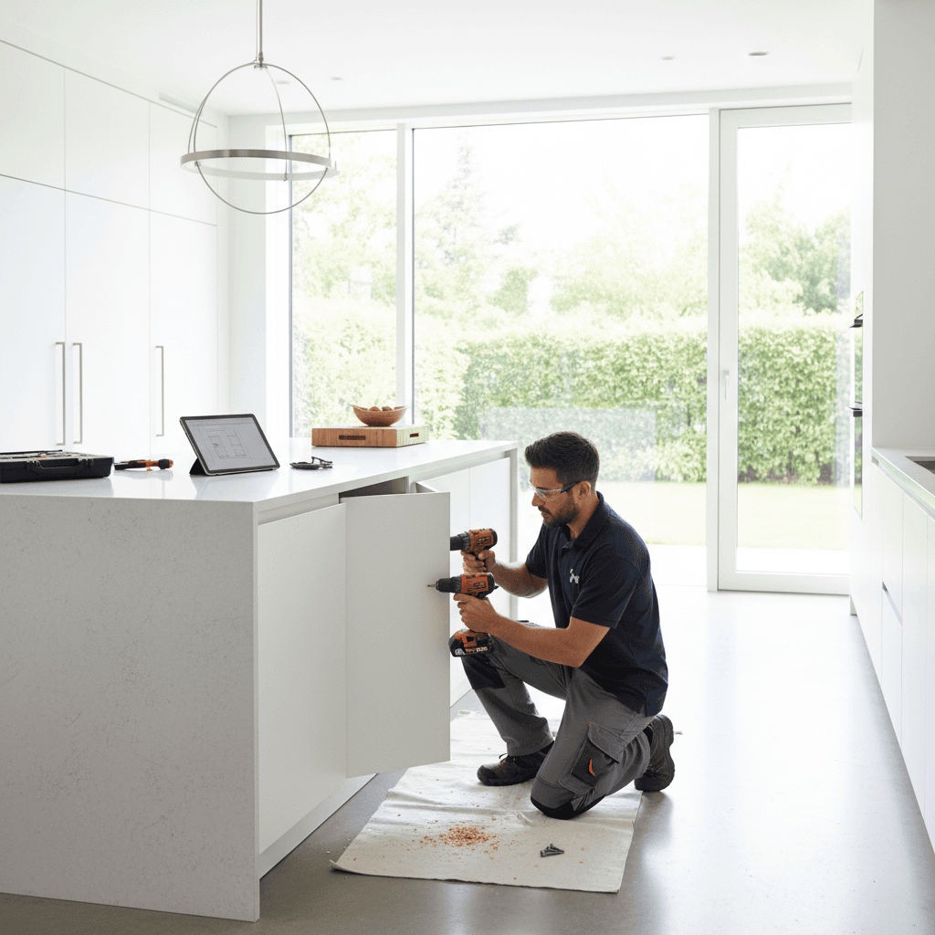 Professional handyman repairing a kitchen cabinet door with a drill