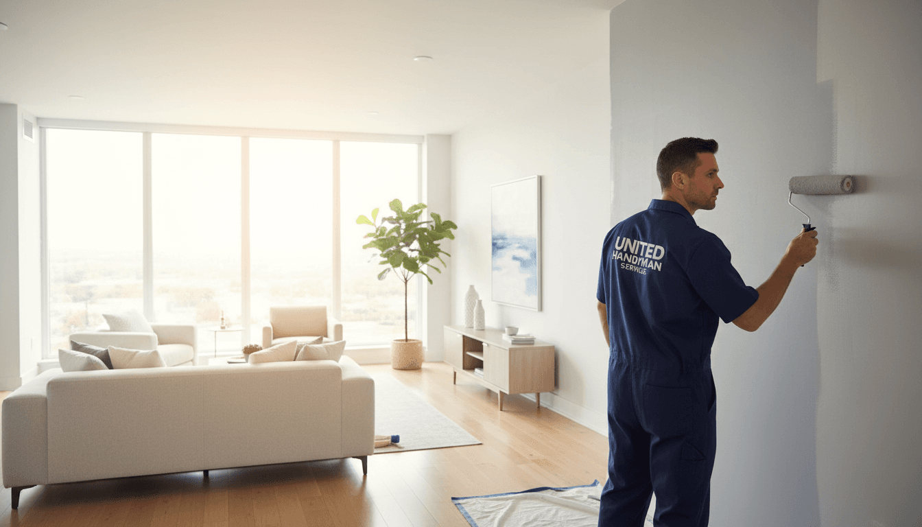 Handyman painting an interior wall with a roller in a bright living room