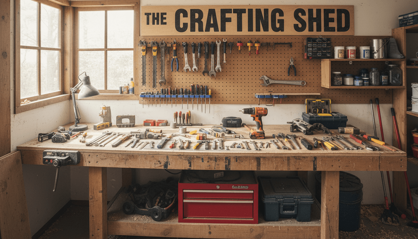 Handyman tools arranged on a workbench in a bright workshop