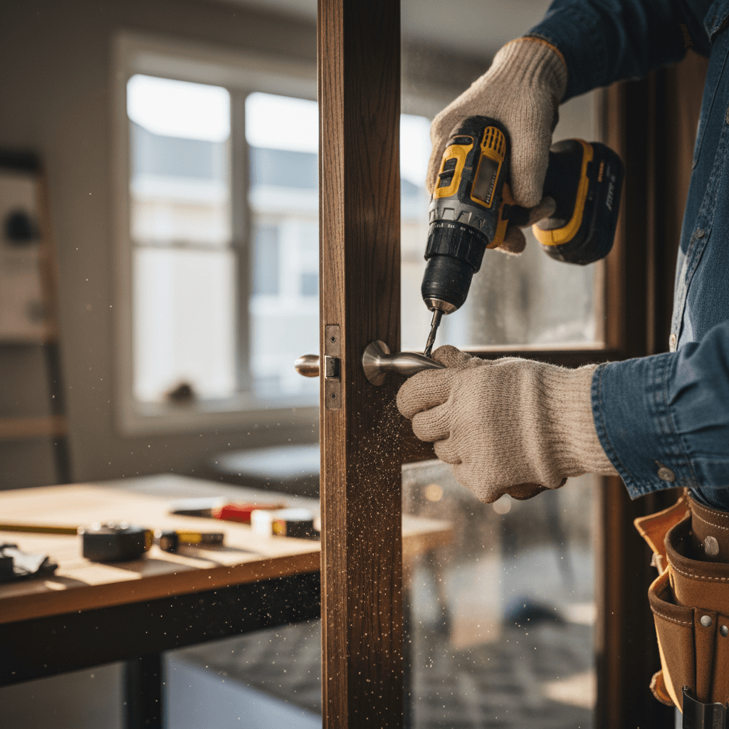 Handyman repairing a door frame with a drill in a bright home interior