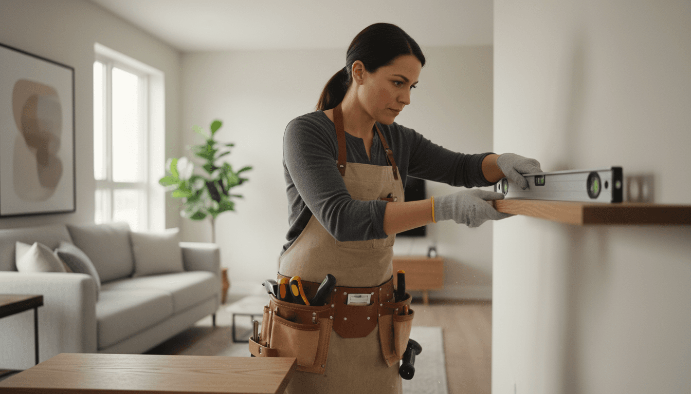 Handyman installing a shelf on a living room wall