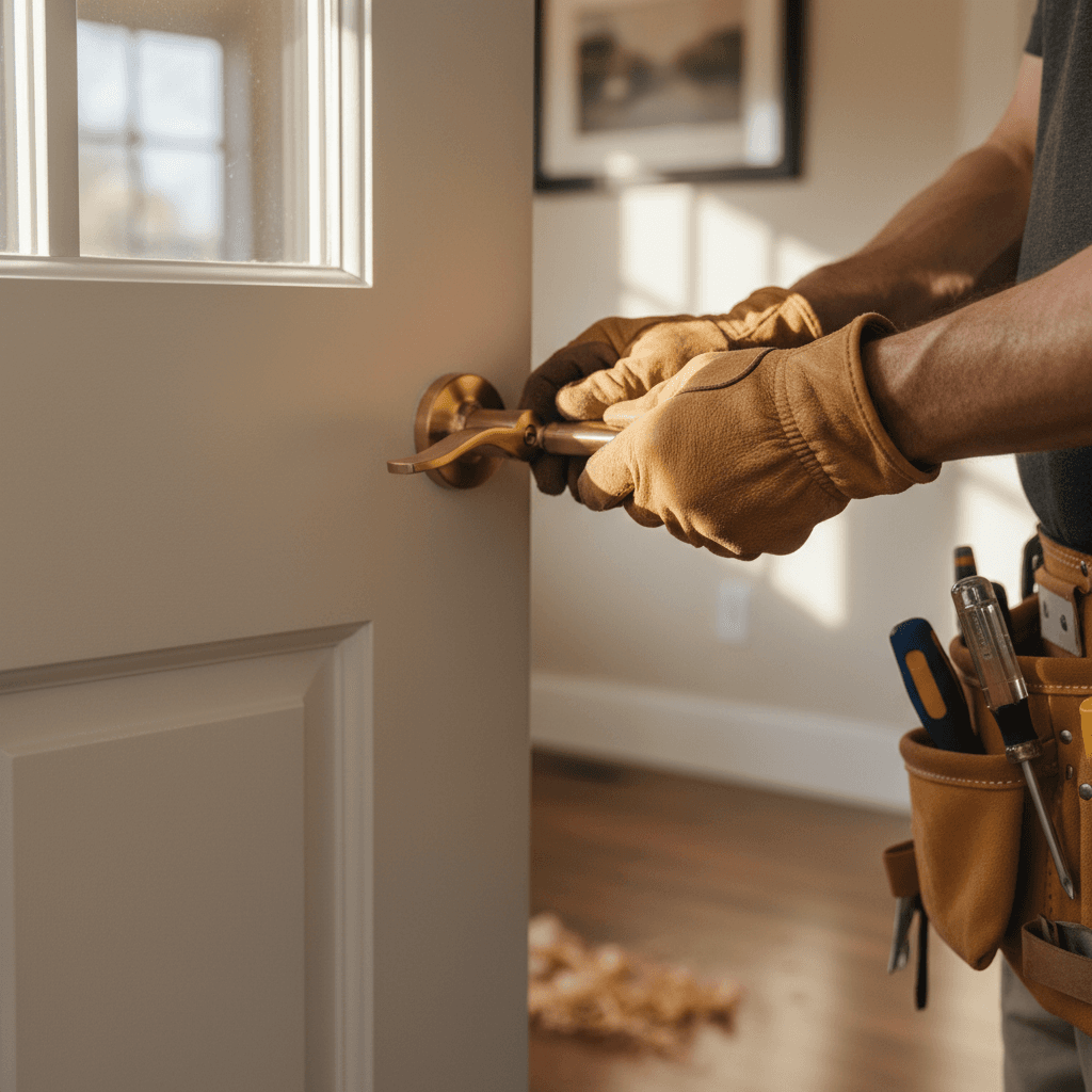 Handyman standing in a bright living room ready to start a repair