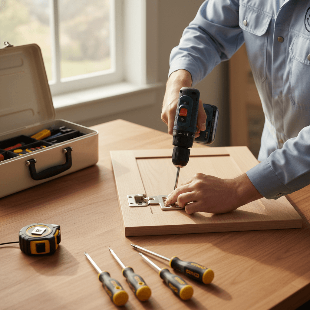 Handyman holding a toolbox in a bright home interior