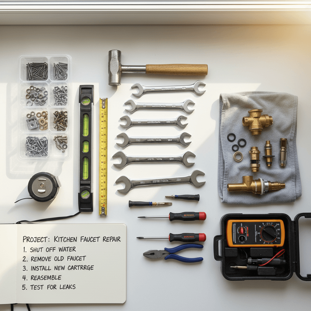 Handyman tools organized on a workbench with a drill and level
