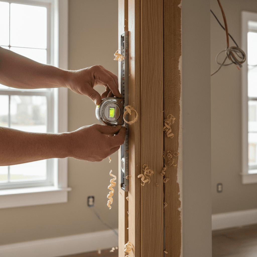 Handyman repairing a door frame with tools in a bright home interior