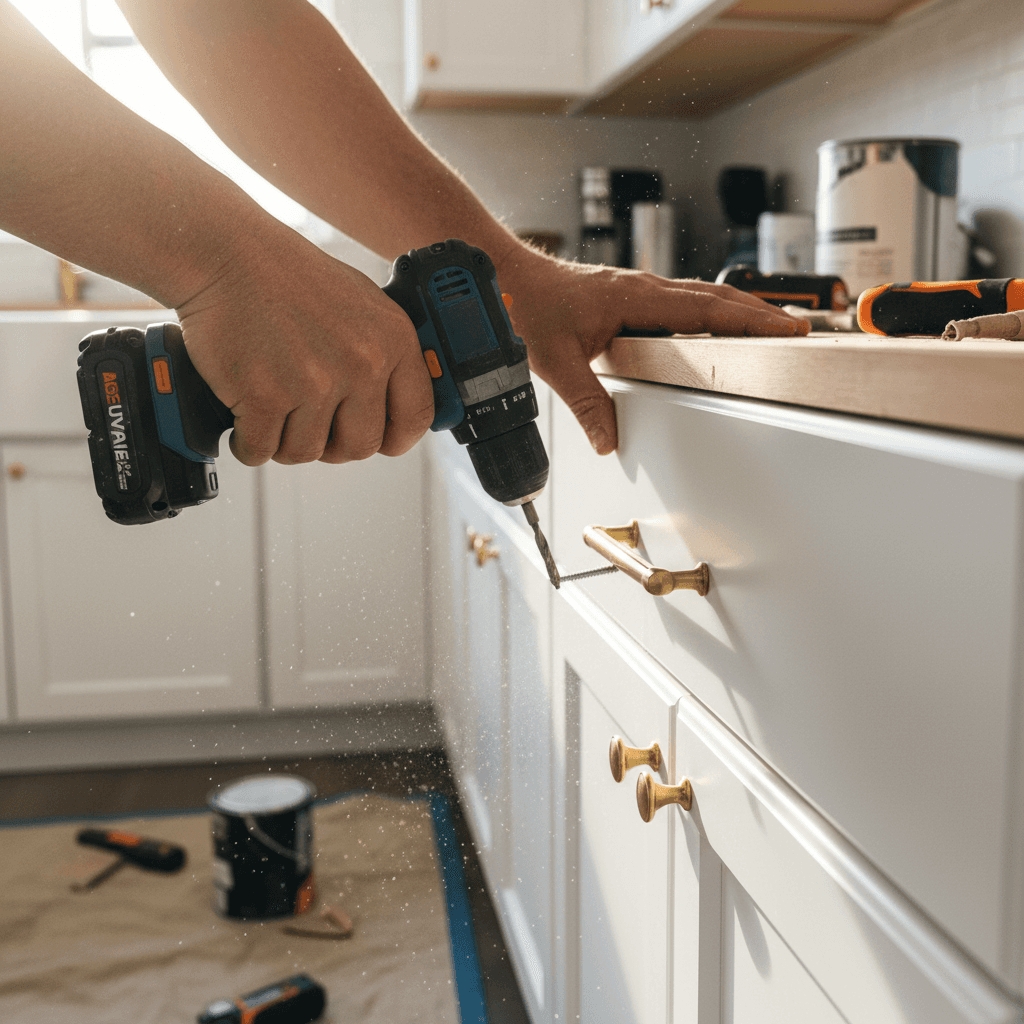 Close-up of hands tightening a cabinet hinge with a screwdriver in a kitchen
